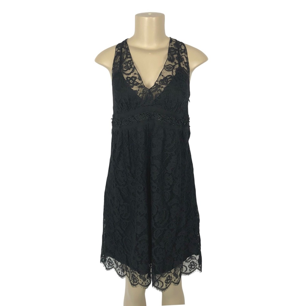 Velvet Floral‎ Lace Beaded Babydoll V-Neck Dress Size M Whimsigoth Witchy Gothic